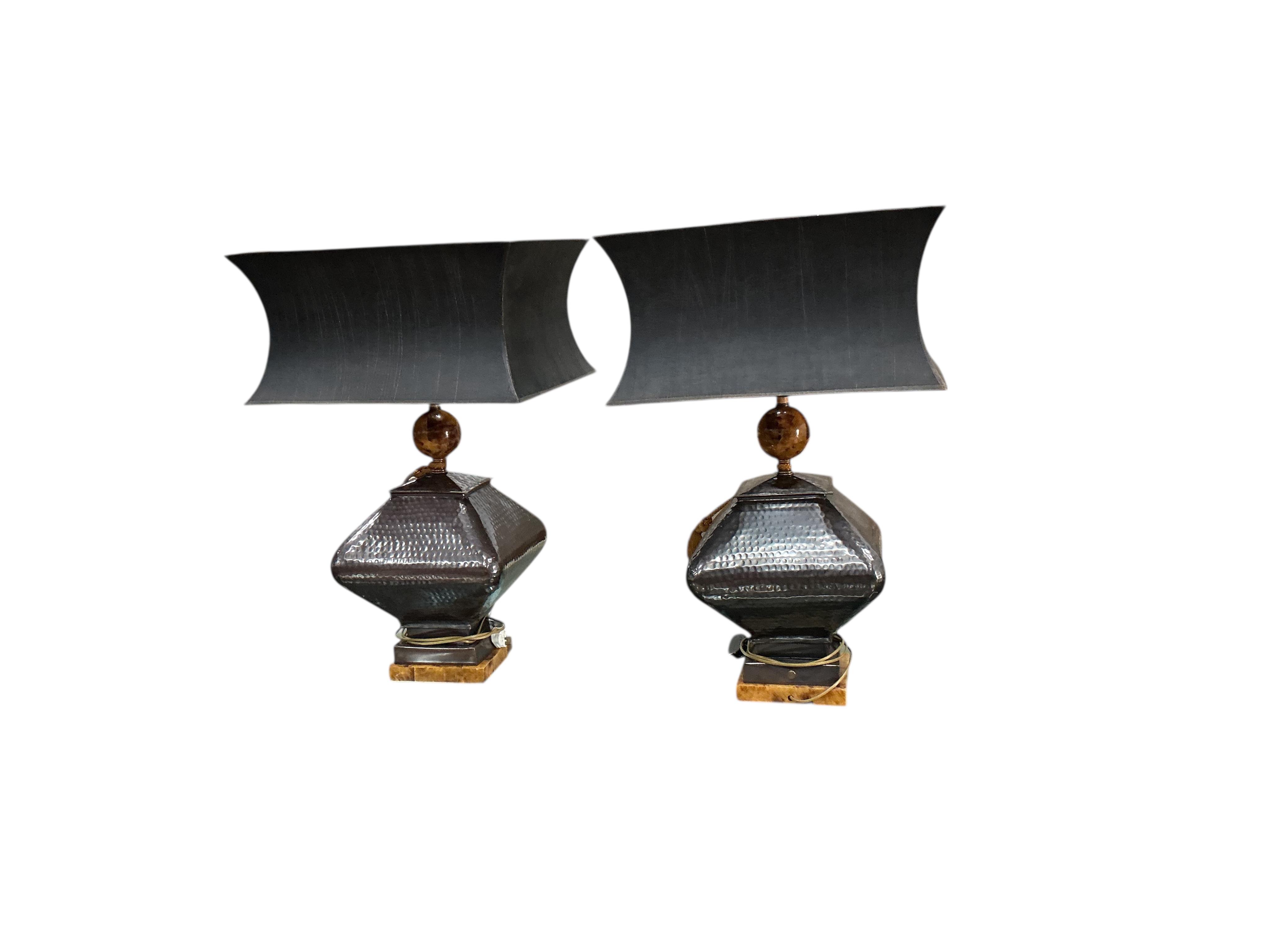 A pair of Contemporary hammered metal, faux marble table lamps with rectangular concave shades, height 86cm